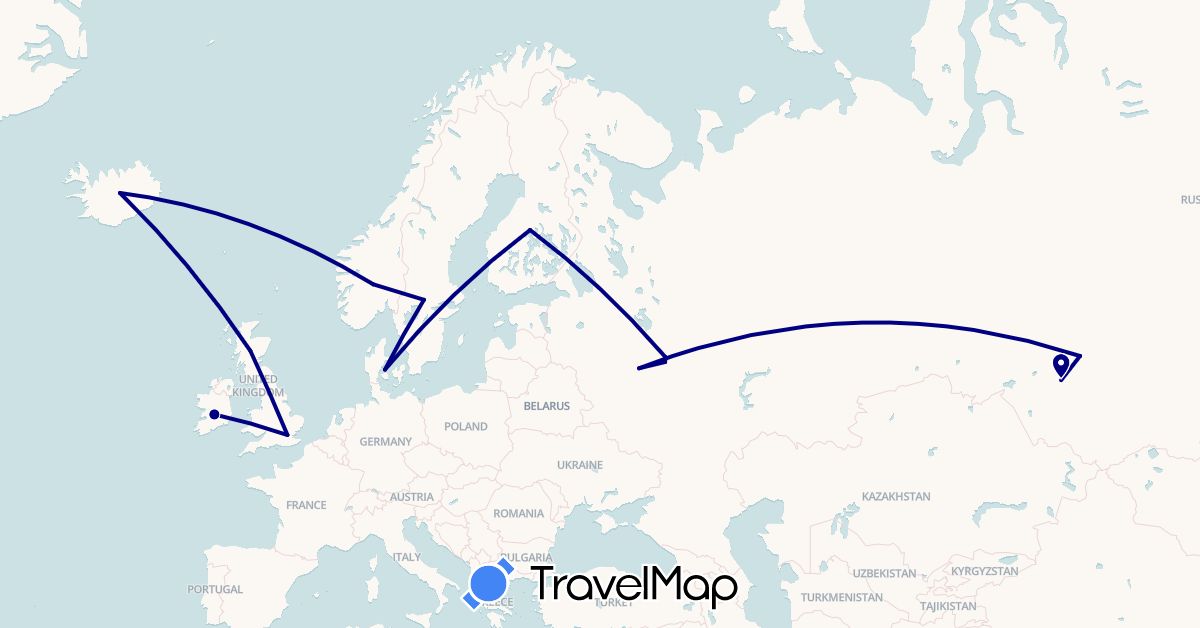 TravelMap itinerary: driving in Denmark, Finland, United Kingdom, Ireland, Iceland, Norway, Russia, Sweden (Europe)